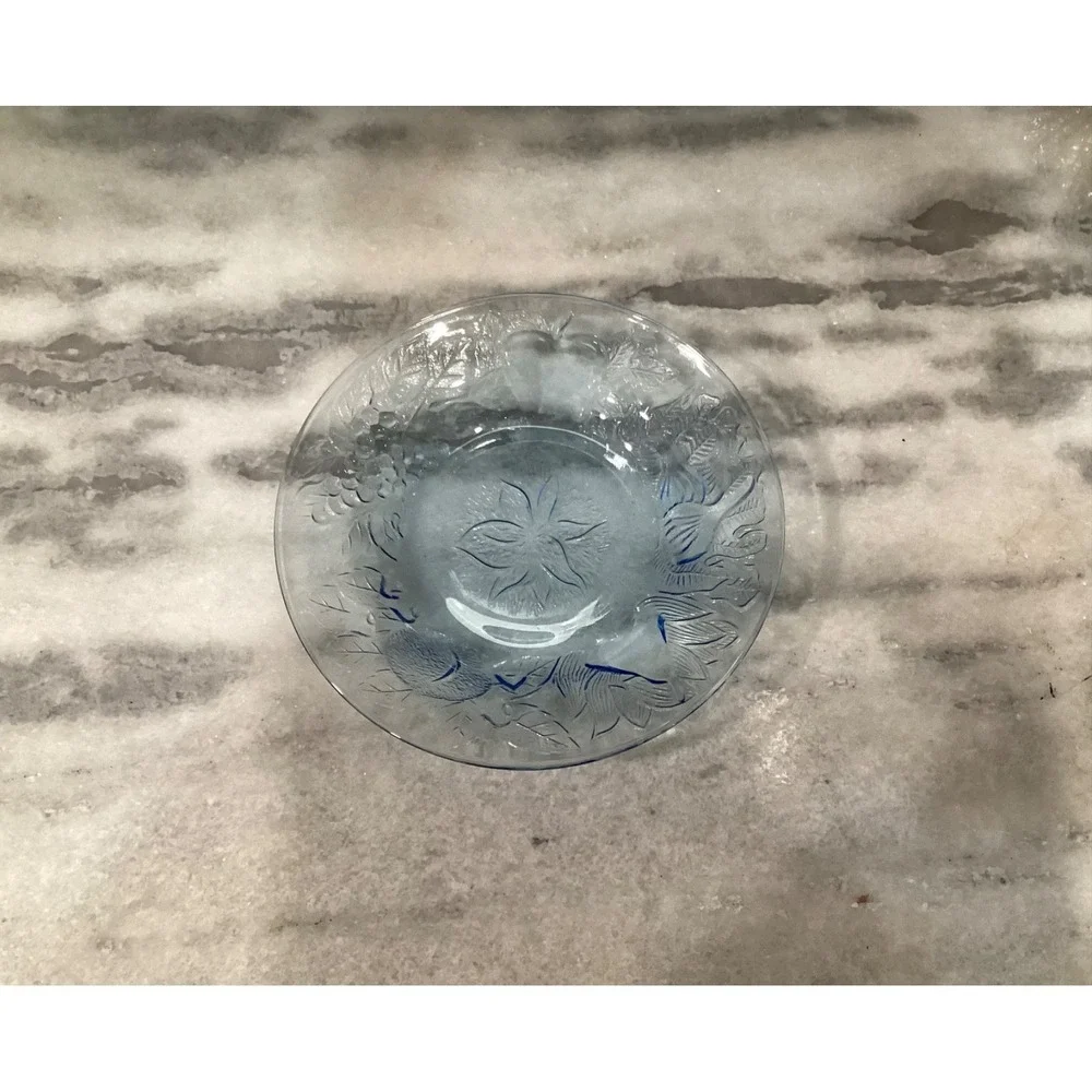 Set of 4 KIG Indonesia Poinsettia Blue Glass Plates Embossed Fruit 8.5